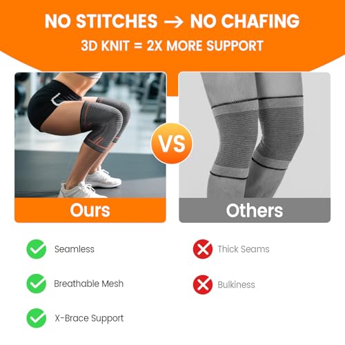 Compression Knee Brace for Women Men 2 Pack Compression Knee Sleeve Knee Brace for Knee Pain Arthritis Meniscus Tear Knee Support for Running Workout Wrestling Weightlifting Sport Athletics Orange M