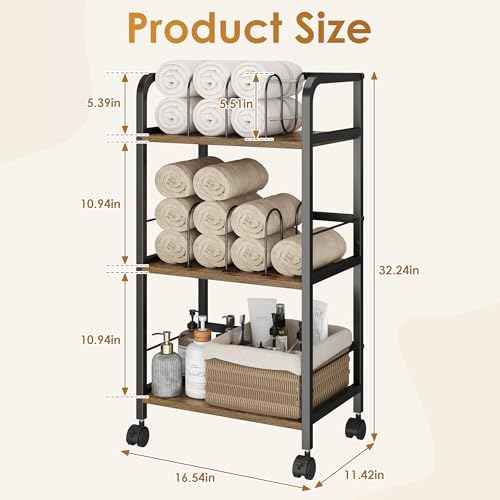 Towel Rack Free Standing Rolling 3-Tier with Removable Dividers & 2 Brake Wheels, Mobile Bathroom Storage Organizer with 3 Wood Shelves for Towels, Toiletries, Poolside Towel Holder