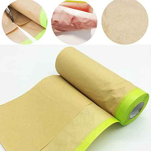 AZH Pre-Taped Masking Paper 18in x 50Ft Masking Paper with Adhesive for Painting, Tape and Drape Paint Adhesive Protective Paper Roll for Automotive Furniture Wall Protection