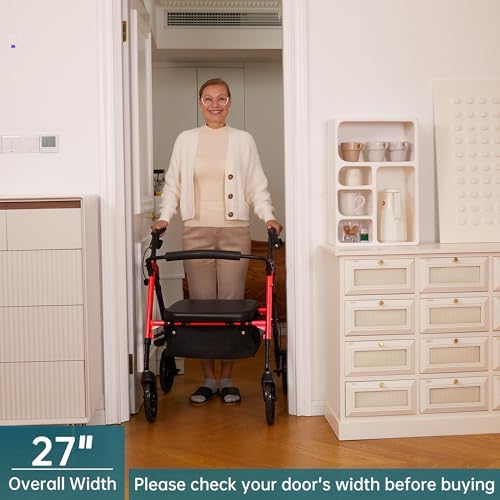 ELENKER Heavy Duty Rollator Walker with Extra Wide Padded Seat and Backrest, Aluminum Bariatric Rolling Walker, 10” Wheels, Support up to 500lbs for Seniors, Red