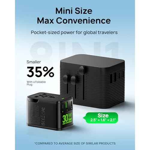 Tiny Universal Travel Adapter, 30W GaN Fast Charging International Power Adapter with 4 Ports (1 AC, 1 USB-A, and 2 USB-C), Plug Adapter with Smart Chip for Over 200 Countries, PD&QC Charger