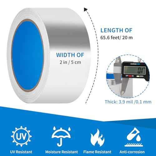 Thicker Silver Aluminum Foil Tape for Ductwork, 2-inch x 65 Feet, 3.9 mils High-Temperature Sealing & Patching, Heavy Duty HVAC Tape for Air Ducts Vents, Metal Repair, Exhaust Pipe, AC Dryer, Furnace