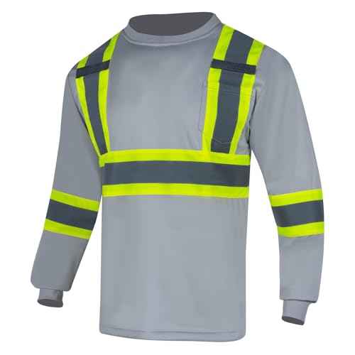 VENDACE Men's High Vis Safety Work T Shirt ANSI Class 1 Reflective Long Sleeve Shirt with Pocket(Grey,L)