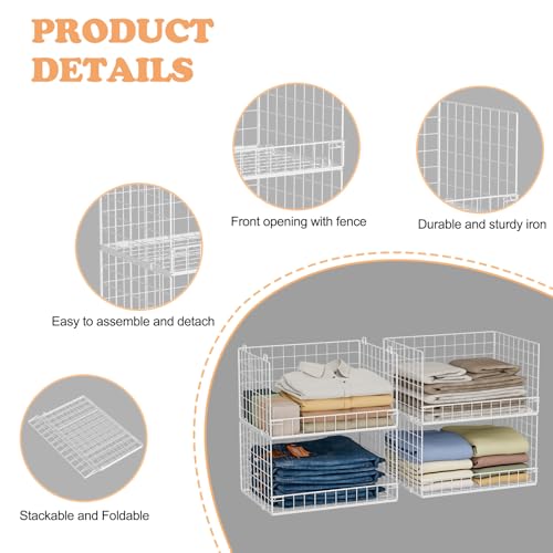 4-Tier Stackable Closet Organizers and Storage Basket, Foldable Closet Shelf Organizer System, Space-Saving Clothes Storage Drawer Organizer for Wardrobe, White (Patent Pending)