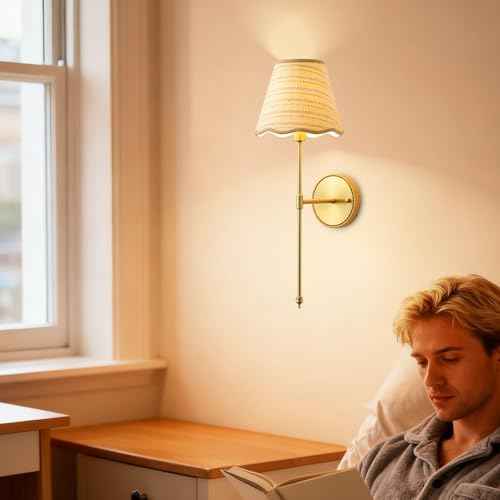 Natural Rattan Wall Sconces Set of 2, Boho Hand-Woven Wall Mounted Light Fixture Decor with Rattan Lampshade Wireless Sconces for Home Bedroom Living Room Hallway Kitchen Stairs(Gold)