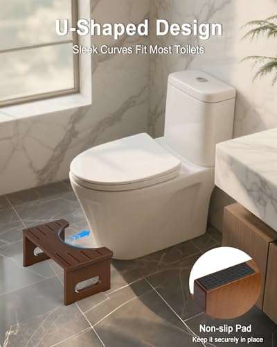 Foldable Toilet Stool, 7 Inches Bamboo Toilet Stool Squat for Adults, Collapsible Poop Stool for Bathroom, Potty Step Stool with Non-Slip Strip (Tawny)