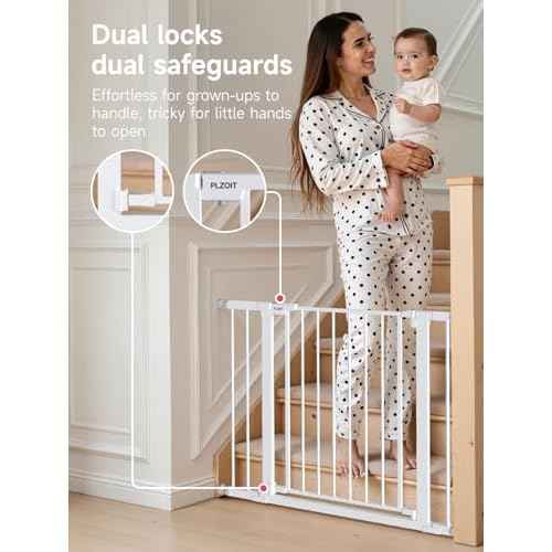 29.5-40.5" Baby Gate for Stairs, Dog Gate for Doorways, Walk Thru Auto Close Metal Baby Safety Gate for The House, Stairs and Doorways, Child Gate Pressure Mounted, Pet Gate for Dog Indoor - White