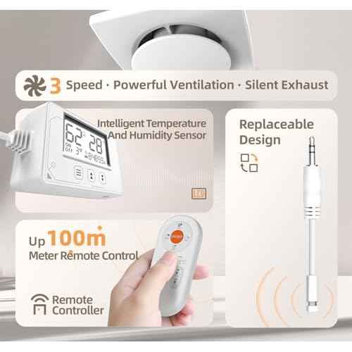 3 Speed Bathroom Exhaust Fan with Humidity Sensor & Remote Control, Timer Humidity & Temperature Control Quiet Upgraded 2600RPM Bathroom Fan for Attic Basement Garage P119A(4 inch Exhaust Fan)