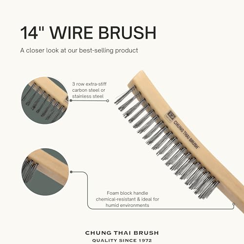 14¡± Wire Brush Set C80300 ? 2 Pack, Heavy-Duty 3-Row Carbon Steel & Stainless Steel Bristles, Long Plastic Handle, Rust & Paint Removal, Corrosion-Resistant, for Scrubbing, Detailing & Deep Cleaning