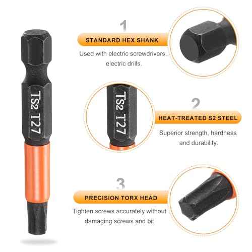 HARFINGTON 3pcs T27 Torx Head Screwdriver Bit 2" (50mm) Long 1/4" Hex Shank Magnetic No Hole Tamper Proof 6 Point Star Screw Driver Drill Bits Phosphate S2 Steel Industrial Power Tools