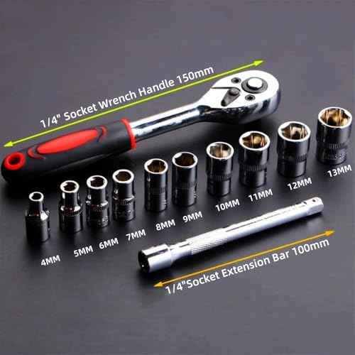 YWHWXB 1/4 Inch Ratchet Socket Wrench Set, Metric Socket Set with Quick Release Reversible Ratchet Wrench and Extension Bar, Metric SAE Mechanic Tool Kit,12 Pcs