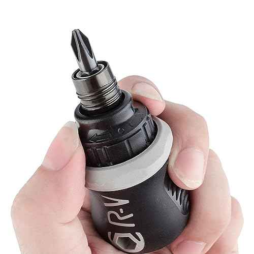 Buspoll Ratcheting Stubby Screwdriver - Adjustable Length, Reversible Dual End, Magnetic Tip - Compact, Portable, Pocket Size.