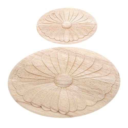 MUXSAM 1Pc Simple Unpainted Solid Wood Carved Oval Flower Pattern Door Central Applique Onlay Decal for Furniture 14.5x10cm