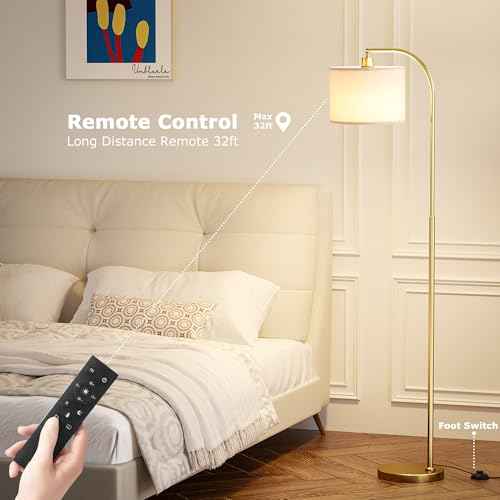 Arc Floor Lamp with Remote and Stepless Dimmable Bulb, Colors Temperature & Brightness Adjustable, Gold Floor Lamps for Living Room£¨Deep Beige Shade & Gold Pole£©