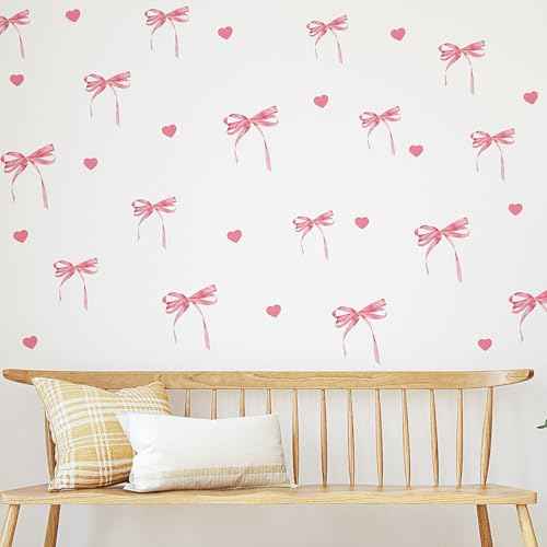 12 Sheets Bow Wall Stickers Peel and Stick Coquette Pink Bow Heart Decals for Room Nursery Boho Bedroom Dresser Playroom Living Room Windows Aesthetic Waterproof Wallpaper for Christmas Room Decor