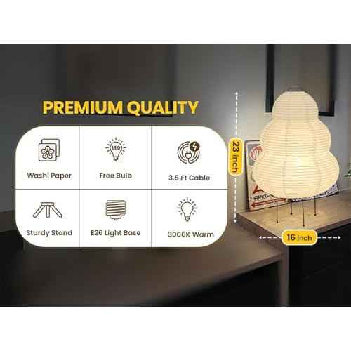 Noguchi Akari Rice Paper Lantern Lamp - Dimmable Japanese Table Lamp with Washi Paper Shade, Bulb Included - Japandi Bedside, Desk Light