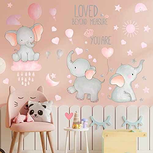 Outus 7 Pcs Dream Big Little One Elephant Nursery Wall Stickers Wall Decor Baby Room Moon Hot Air Balloon Pink Grey Stars Decals for Kids Living Room Bedroom Decorations Home Decor
