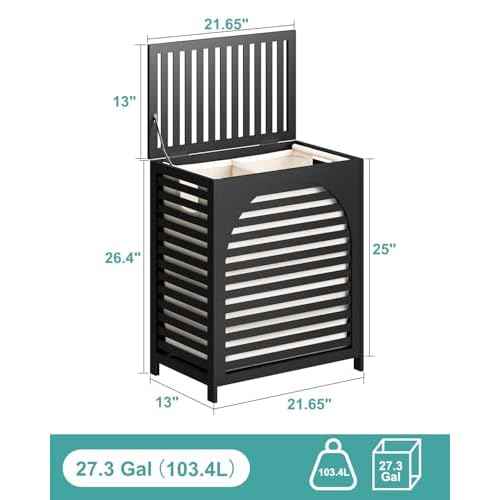 Black Laundry Hamper, Laundry Hamper with Lid, 27.3 Gallon (103L) Bamboo Wood Clothes Laundry Basket with Lid and Handles, Removable Liner