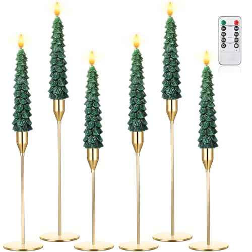 Honoson 6 Sets Flameless Christmas Tree Taper Candles with Holders Remote Control, LED Taper Candles AAA Battery Operated Flickering Candlesticks for Window Fireplace (Gold,Classic Style)