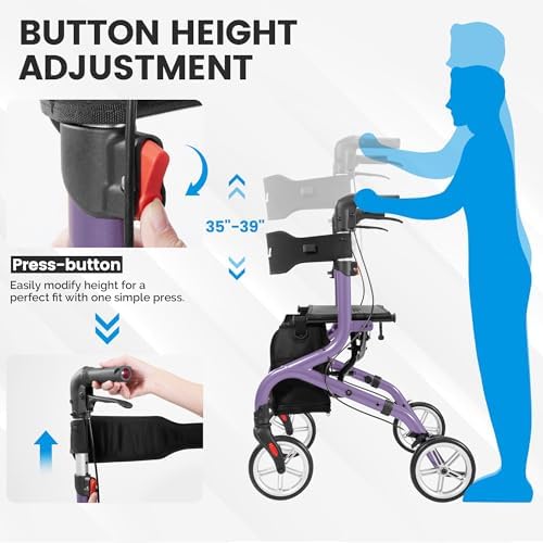 Super Lightweight Rollator Walker for Seniors, Foldable Rolling Walker with Seat and 8" Rubber Wheels for All Terrain, Upgraded Height Adjustment Button with Cup Holder, Purple