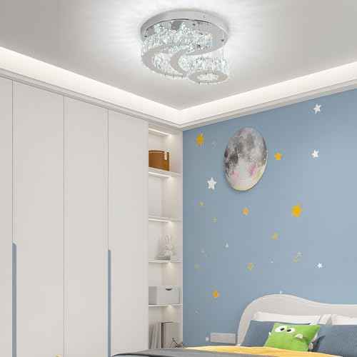 11.8 Inch Crystal Chandelier Flush Mount Ceiling Light Fixture, 2 Tier Height Adjustable (Max 23.62"), 36W LED Modern Chandeliers for Bedroom Kids Room Hallway (6000K, Star Moon Light)