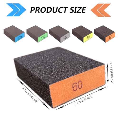 10-Pack Sanding Sponge, Five Grits Per Pack (60/80/120/180/220), Washable & Reusable Sanding Block for Wood, Drywall, Metal, and Glazing, Ergonomic Hand Sanding Tool