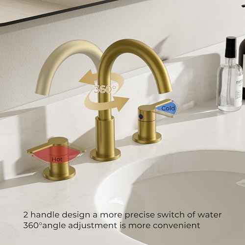 8 Inch 3 Hole Bathroom Faucets Brushed Gold, Widespread Vanity Faucet with Aerator, 360¡Æ Swivel High Arc Spout, Spot-Free Finish, cUPC NSF Certified, CEC & DOE Compliant, 2 Handle Sink Faucet