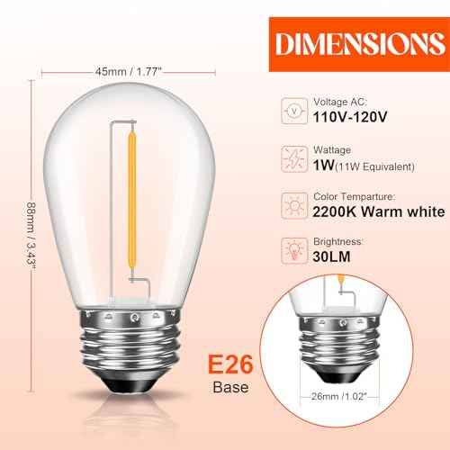 64 Pack LED S14 Replacement Light Bulbs, Shatterproof 1W Vintage Edison Bulbs for Outdoor Patio Backyard String Lights, Dimmable, E26 Screw Base, 2200K Warm White
