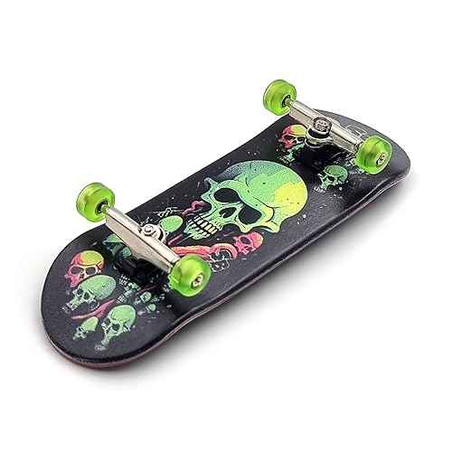 SPITBOARDS¢ç 32 x 96 mm Fingerboard Complete Wood Set-Up Assembled, Silver Trucks with Bushings and Nuts, CNC Bearing Wheels in Transparent Green, Lasered Grip Tape Lime Green Skull and Bones