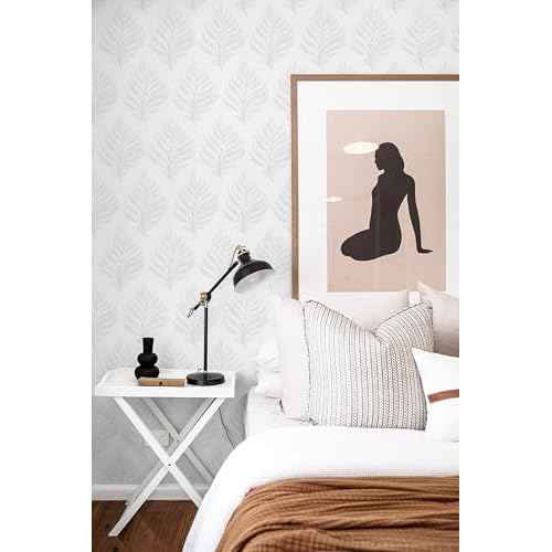 GloryTik Peel and Stick Wallpaper Boho White/Grey Floral Contact Paper Modern Removable Self Adhesive Wall Paper Leaf Waterproof Wallpaper for Cabinets Bedroom Vinyl Rolls (17.3" x 78.7")