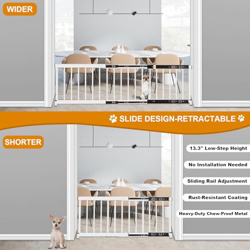 White Metal Dog Gate for Small Dogs - 13.3" Short Freestanding Puppy Gate with Retractable Sliding Rail, No Installation, Indoor/Outdoor Use, Foldable & Portable Pet Barrier