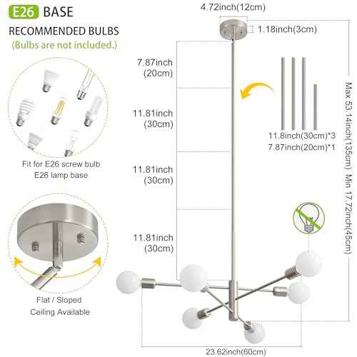 Sputnik Chandelier Modern Brushed Nickel Chandeliers 6-Light Mid Century Ceiling Lighting Fixture for Living Room, Kitchen, Bedroom, Dining Room, and Farmhouse (6-Light)