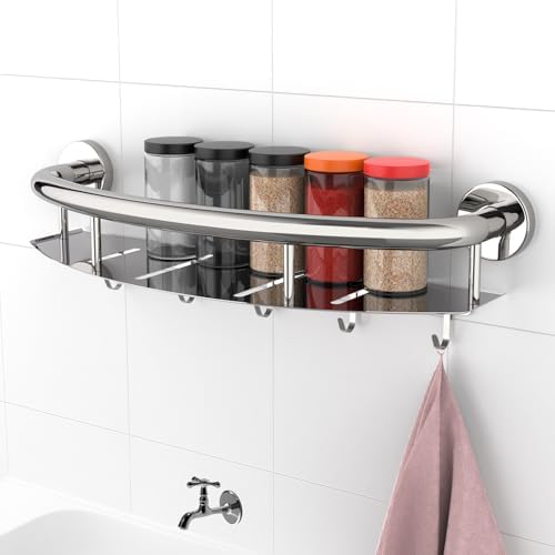 Polished Chrome Safety Grab Bar 18-inch with Storage Shelf for Bathtub or Shower, Drainage Holes, Stainless Steel, Wall Mounted Grab Bars for Elderly Injured Balance Support