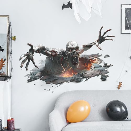 3D Halloween Floor and Wall Decals - Horror Skeleton Zombie Stickers for Living Room, Peel and Stick Vinyl Decorations for Bar Pub Party Supplies