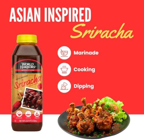 World Harbors Sriracha Hot Sauce & Marinade Perfect for Grilled Meats, Seafood, Dipping, Marinades & Garnishes - Enhance Your Meals with Sriracha Sauce Original Made in USA 16-Fl Oz Bottle (Pack of 2)