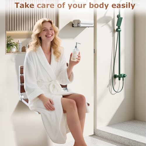 Wall Mounted Shower Seat - 16IN Shower Benches for Inside Shower with 400LB Capacity, Fold Down Shower Seat for Elderly, Disabled & Pregnant Women, Non-Slip Red Shower Chair, [2025 New Upgrade]