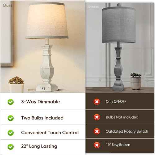 ROTTOGOON Dimmable Table Lamps Set of 2, Rustic Farmhouse Table Lamps for Living Room Bedroom, Bedside Desk Lamps for End Tables, Touch Lamps for Nightstand, 9W Bulbs Included, 22", Antique White