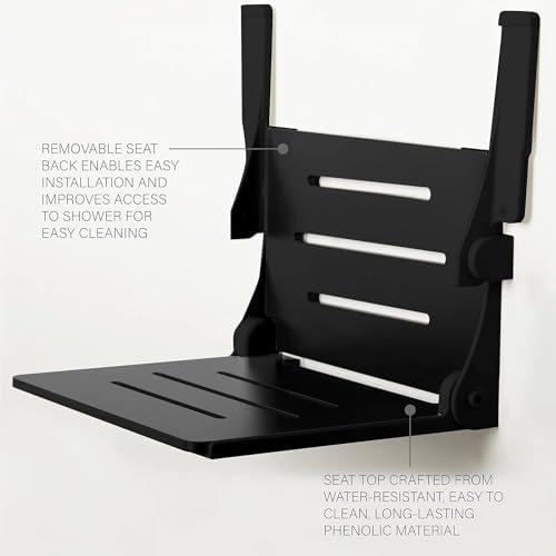 Seachrome Silhouette Comfort Folding Wall Mount Shower Bench Seat with Arms, Black Seat with Matte Black Frame