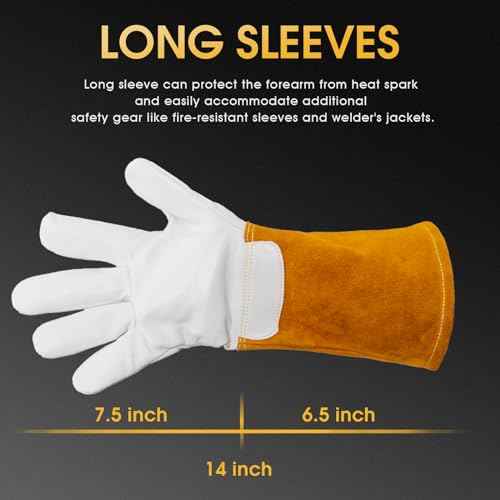 TOOLIOM Premium Goatskin TIG Welding Gloves Cuff Cowhide Split Leather with Soft Lining High-Dexterity (14-inch, Large)