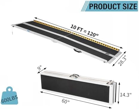 MOTORHOT 10ft Portable Wheelchair Ramp Non-Slip Aluminum Folding Handicap Home Steps Scooter Door Threshold Ramp for 10 inch -30 inch Step Heights 600 lbs Capacity 28in Wide