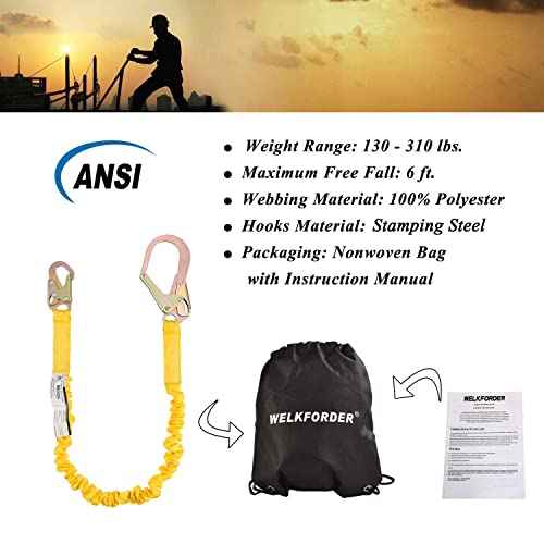 Single Leg 6-Foot Fall Protection Internal Shock Absorbing Stretchable Safety Lanyard with Snap & Rebar Hook Connectors CSA£¦ANSI Compliant