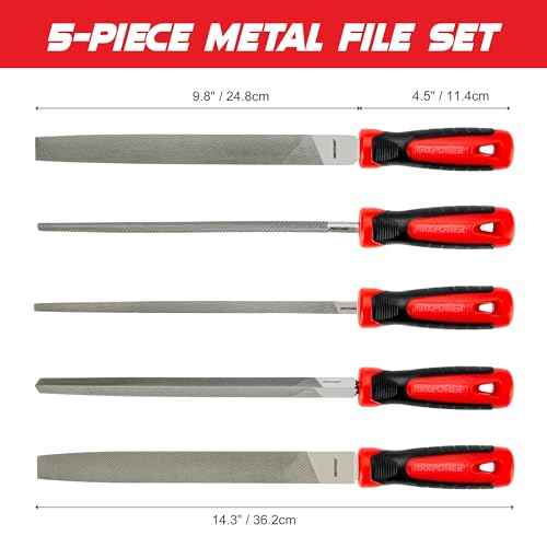 MAXPOWER 10-inch Metal File Set, 5 Pieces Hand Files Including Flat, Round, Half-Round, Triangle and Square, Soft Grip Handle, File Set for Wood, Metal Work and DIY