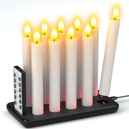 SoulBay 10pcs Flameless Rechargeable Taper Candles, Bright Realistic Flickering LED Electric Candlesticks with Charging Base and Remote Timer for Home Windowsill Christmas Decorations, 0.78" x 6.7"