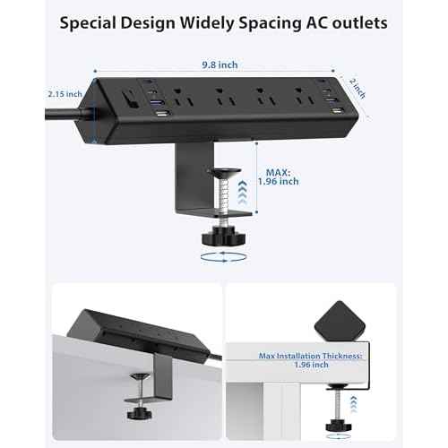 40W Fast Charging Station,Desk Clamp Power Strip 20W USB C,8 Outlets,8 USB Ports,4 USB C and 4 USB A, Office Furniture Surge Protector, 14AWG Cord, Fits 1.9" Tabletop Edge (Black, 10FT Length)