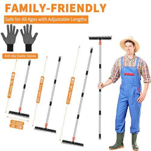 Thatch Rake - 15" Dethatcher Rake for Lawns with Upgraded Dual-Action Tines, Efficient Garden Rake with 57" Adjustable Handle, Heavy Duty Steel Metal Rakes with Reusable Yard Waste Bag & Gloves