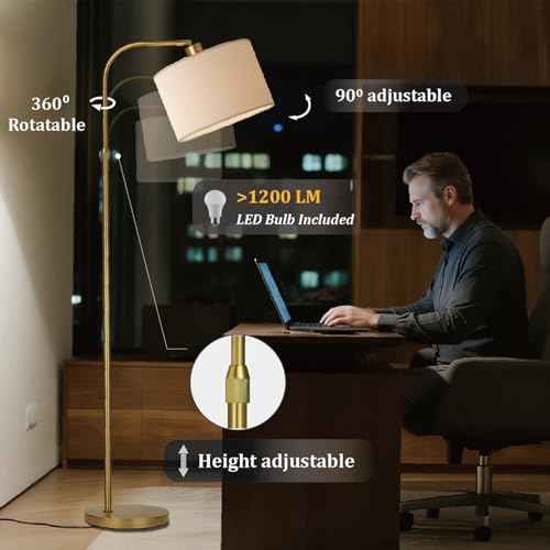 Gold Floor Lamp with Remote Control, 1200 Lumens Adjustable Height Dimmable Arc Floor Lamp for Living Room, Modern Gold Standing Lamp for Bedroom, Office, LED Smart Bulb Included