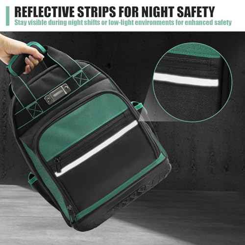 Tool Backpack Heavy Duty with Hard Bottom, Tool Backpack for Men, Electrician Bag, 15 Pockets, Waterproof Construction Backpack for HVAC, Mechanics, and Jobsite