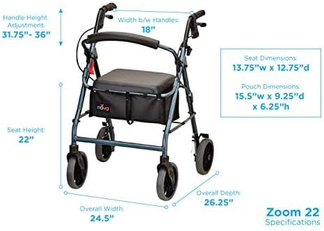 NOVA Medical Products Zoom Rollator Walker Blue 22 Inch (Pack of 1)
