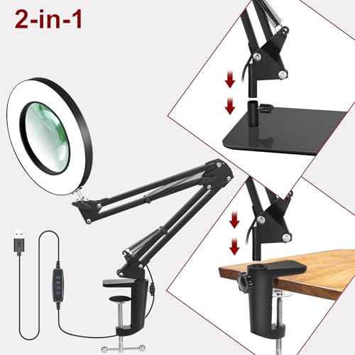 Lighted Magnifying Glass with Light and Stand, 12X Magnifier with Light Hands Free, 5 Color Modes LED Work Lighted, 2-in-1 Magnifying Lamp for Reading Craft Hobby Painting Sewing Close Work