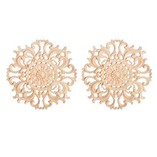 MUXSAM Wood Carved Appliques Decorative Onlays, Round Wood Carving Craft Decals for Door Wall Ceiling Cabinet Dresser Wardrobe Mantels Closet Doll Bed Retrofit Project(2-Pack, 10cm/3.9")